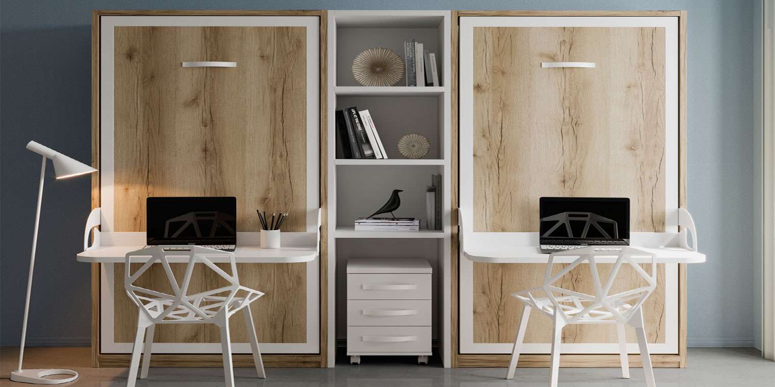 Cama Abatible horizontal con armario y una práctica mesa de estudio Colores  Madera Wallbed Antracita Dimensiones 90x180